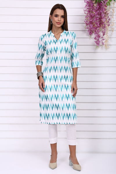 White Geometric Printed Cotton Rayon Straight Kurta