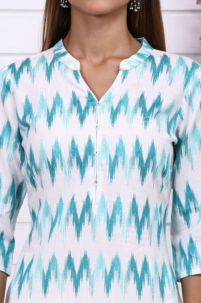 White Geometric Printed Cotton Rayon Straight Kurta