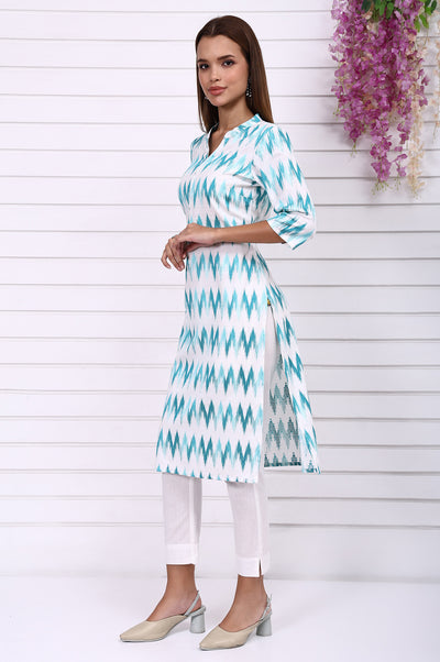 White Geometric Printed Cotton Rayon Straight Kurta