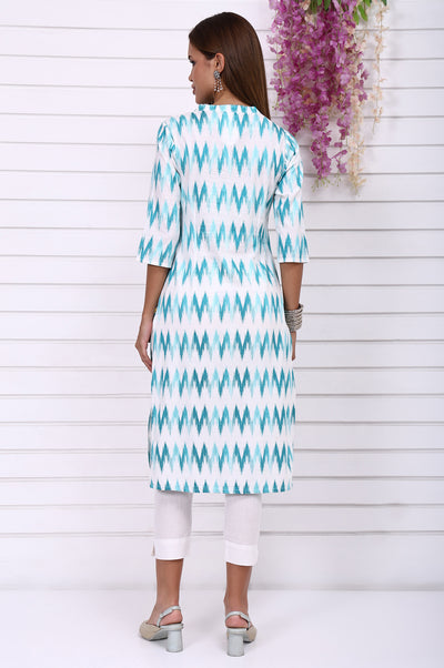White Geometric Printed Cotton Rayon Straight Kurta
