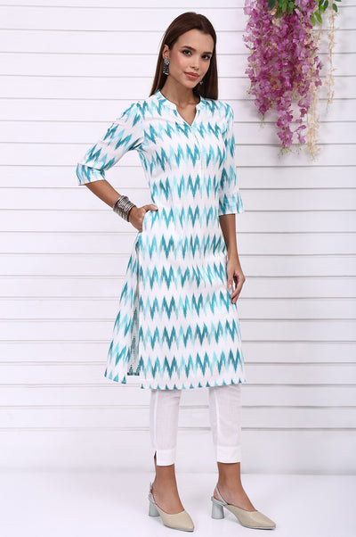 White Geometric Printed Cotton Rayon Straight Kurta