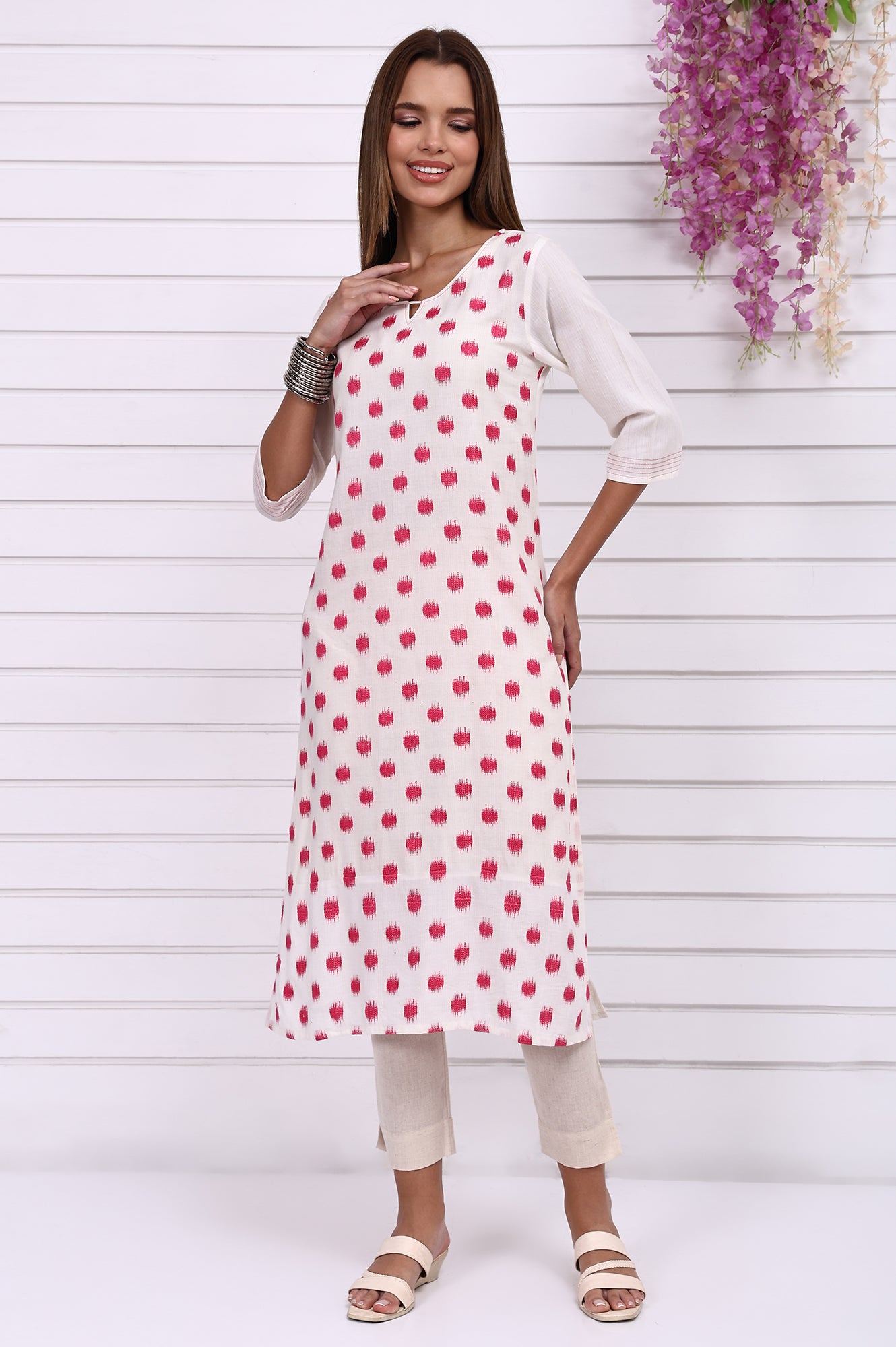 White Geometric Printed Cotton Rayon Straight Kurta
