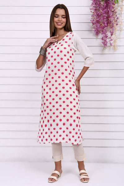White Geometric Printed Cotton Rayon Straight Kurta
