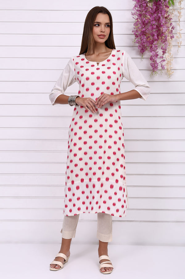 White Geometric Printed Cotton Rayon Straight Kurta