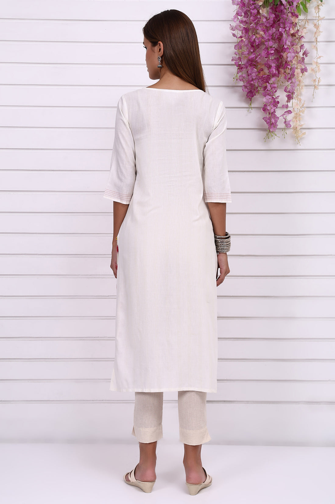 White Geometric Printed Cotton Rayon Straight Kurta