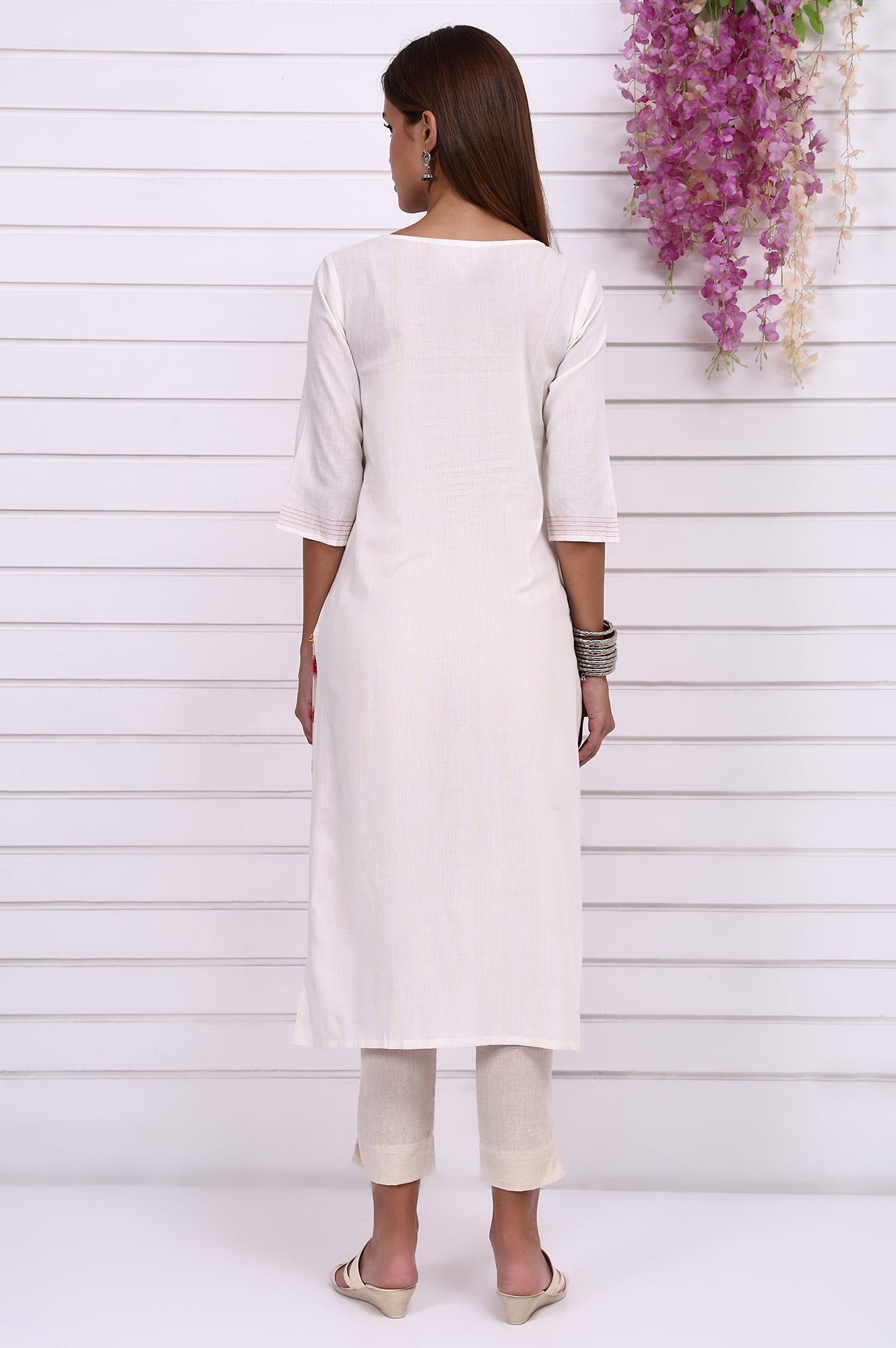 White Geometric Printed Cotton Rayon Straight Kurta