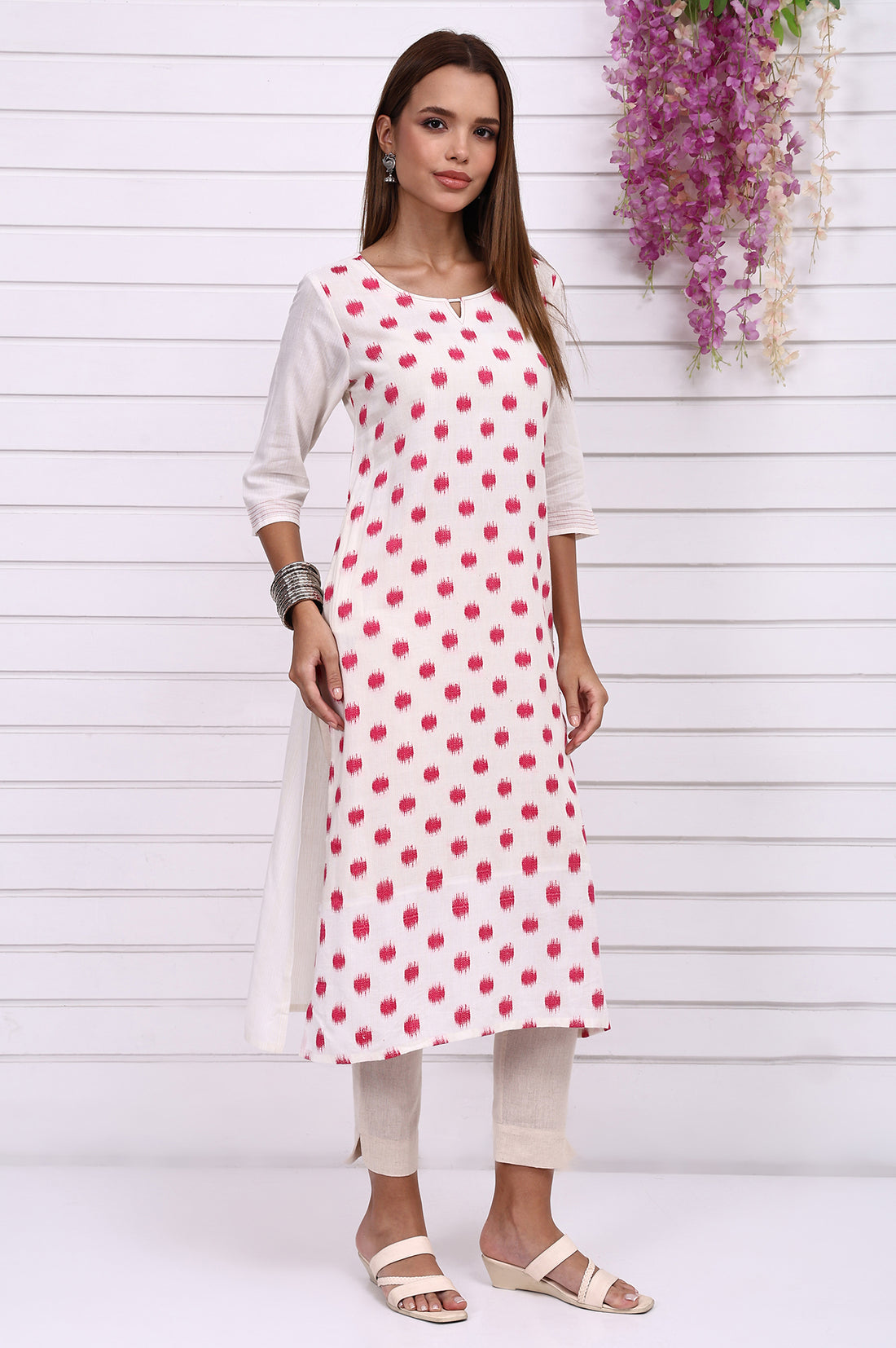 White Geometric Printed Cotton Rayon Straight Kurta