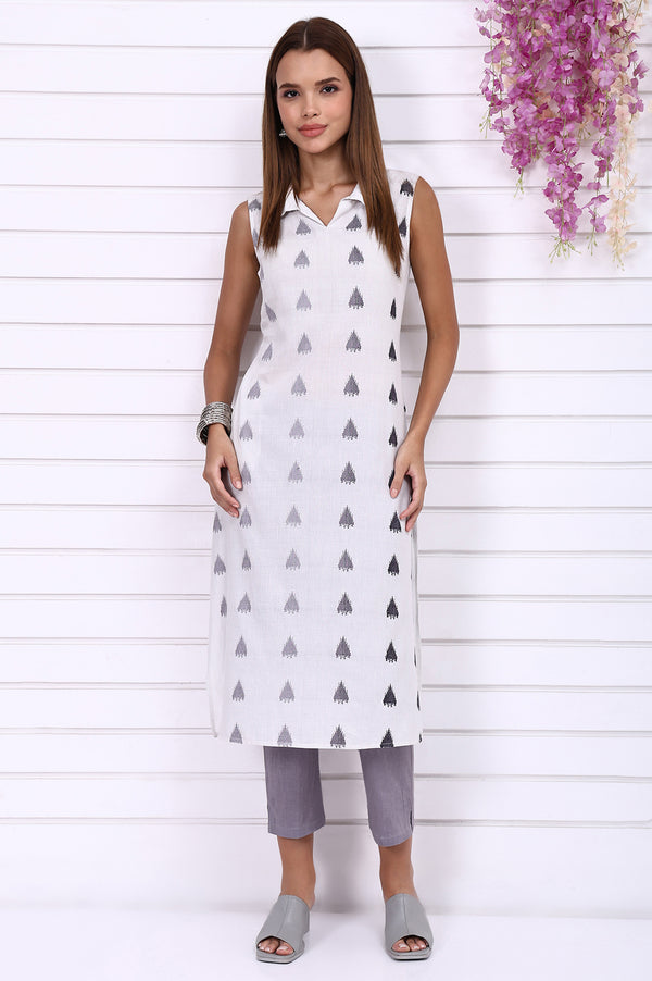 White Yarn Dyed Cotton Rayon Straight Sleeveless Kurta