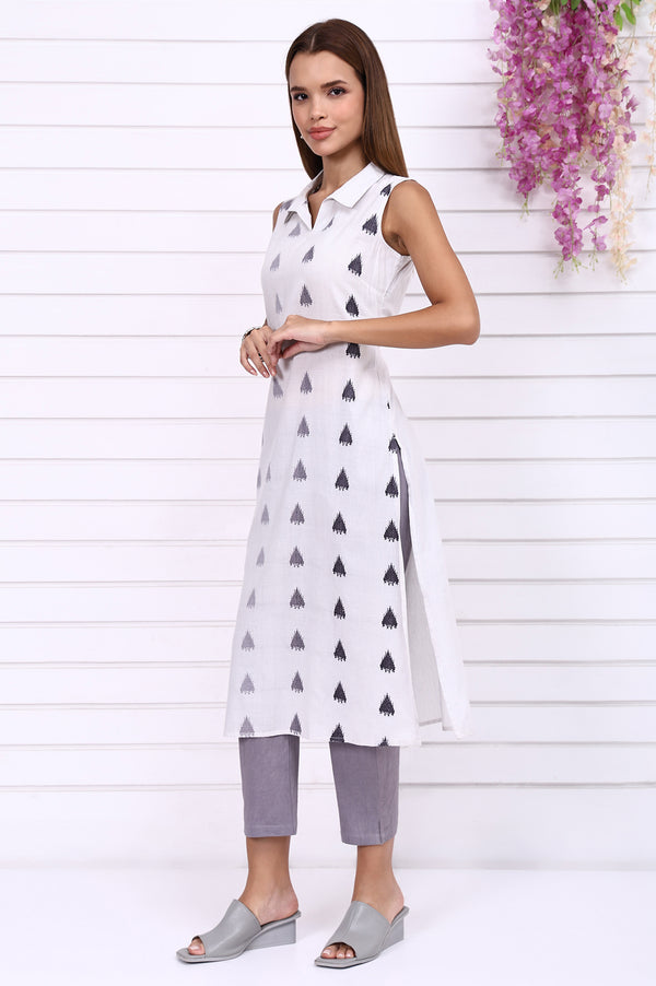 White Yarn Dyed Cotton Rayon Straight Sleeveless Kurta