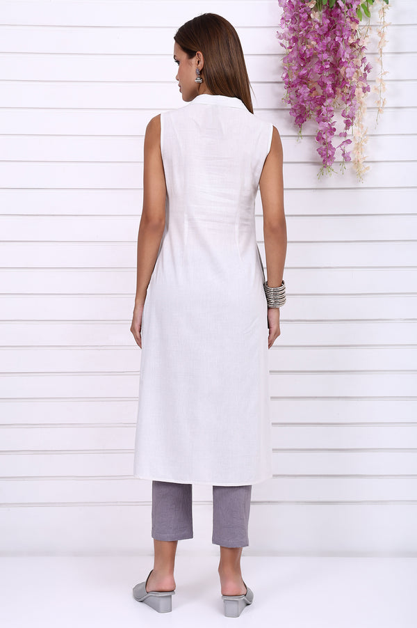 White Yarn Dyed Cotton Rayon Straight Sleeveless Kurta