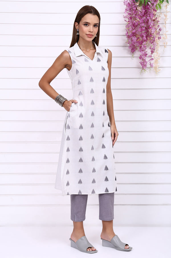 White Yarn Dyed Cotton Rayon Straight Sleeveless Kurta