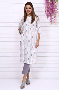 White Yarn Dyed Cotton Raron Printed Straight Kurta