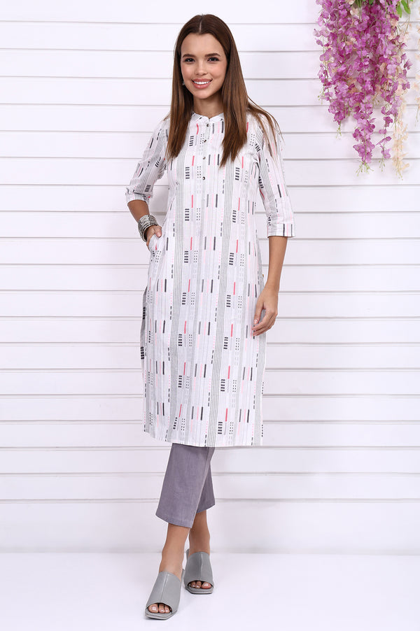 White Yarn Dyed Cotton Raron Printed Straight Kurta