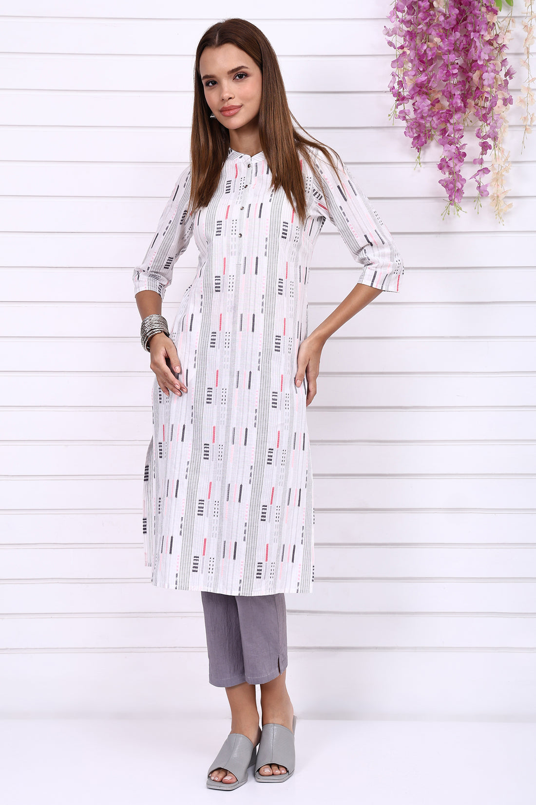 White Yarn Dyed Cotton Raron Printed Straight Kurta