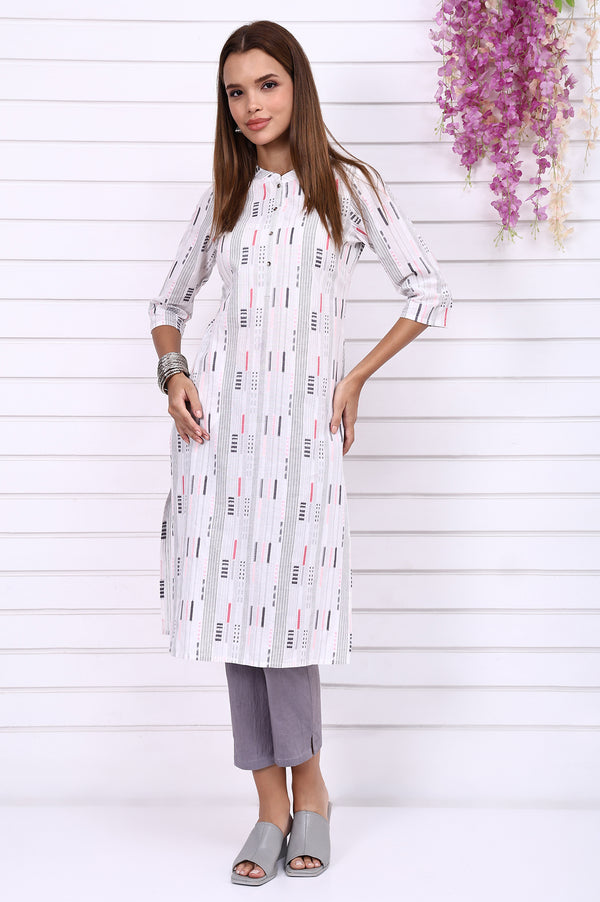 White Yarn Dyed Cotton Raron Printed Straight Kurta