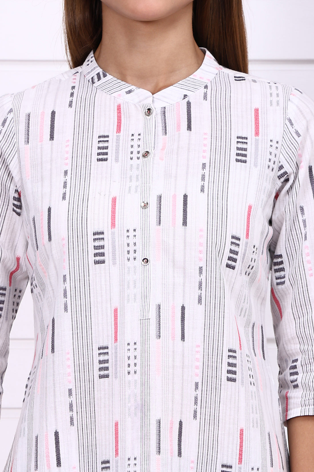 White Yarn Dyed Cotton Raron Printed Straight Kurta