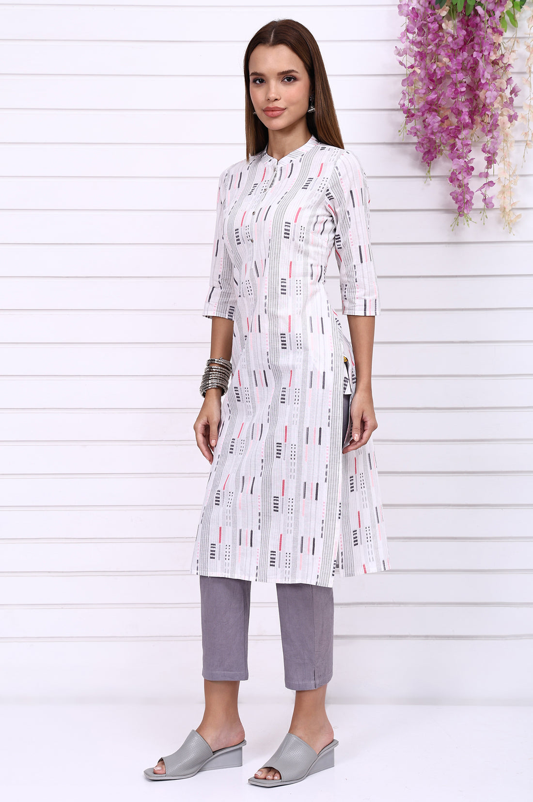 White Yarn Dyed Cotton Raron Printed Straight Kurta