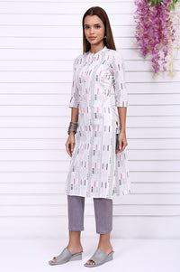 White Yarn Dyed Cotton Raron Printed Straight Kurta