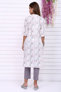 White Yarn Dyed Cotton Raron Printed Straight Kurta