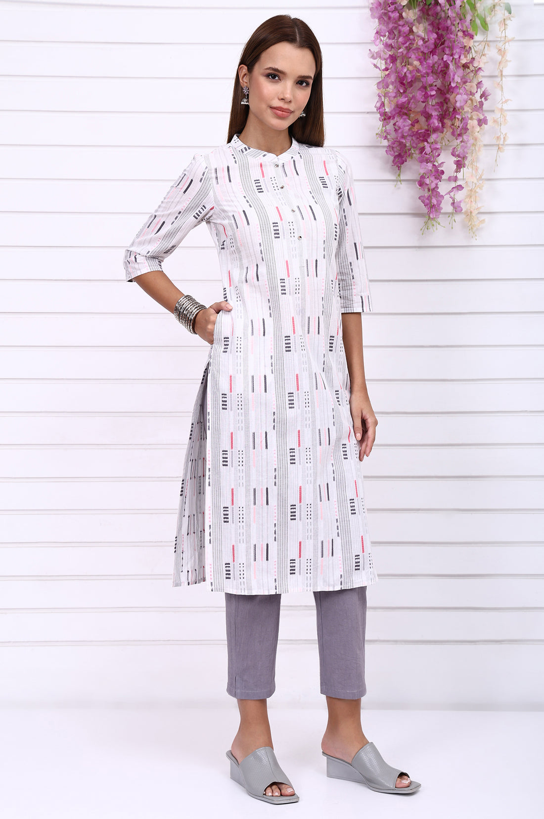 White Yarn Dyed Cotton Raron Printed Straight Kurta