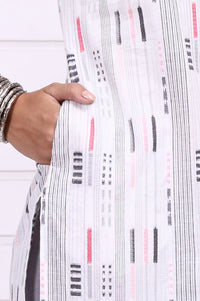 White Yarn Dyed Cotton Raron Printed Straight Kurta