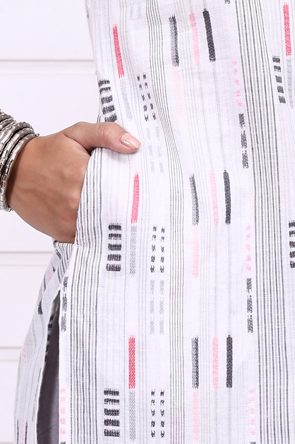 White Yarn Dyed Cotton Raron Printed Straight Kurta
