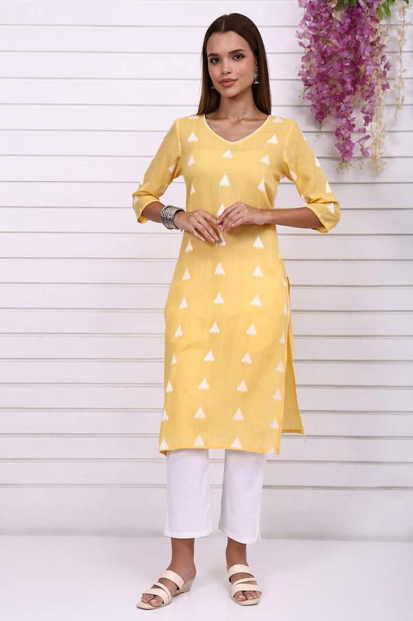 Yellow Printed Yarn Dyed Cotton Rayon Straight Kurta