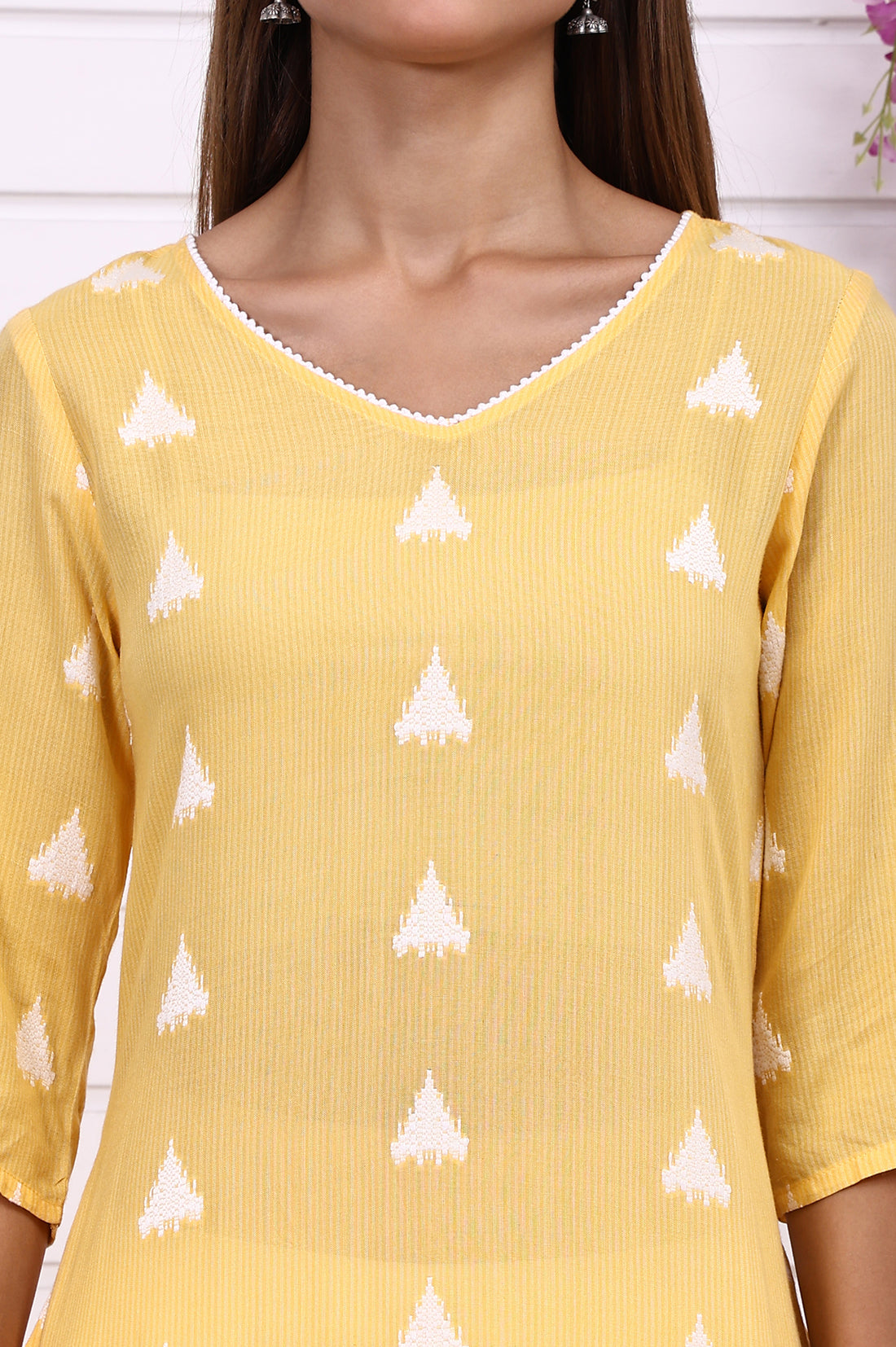 Yellow Printed Yarn Dyed Cotton Rayon Straight Kurta