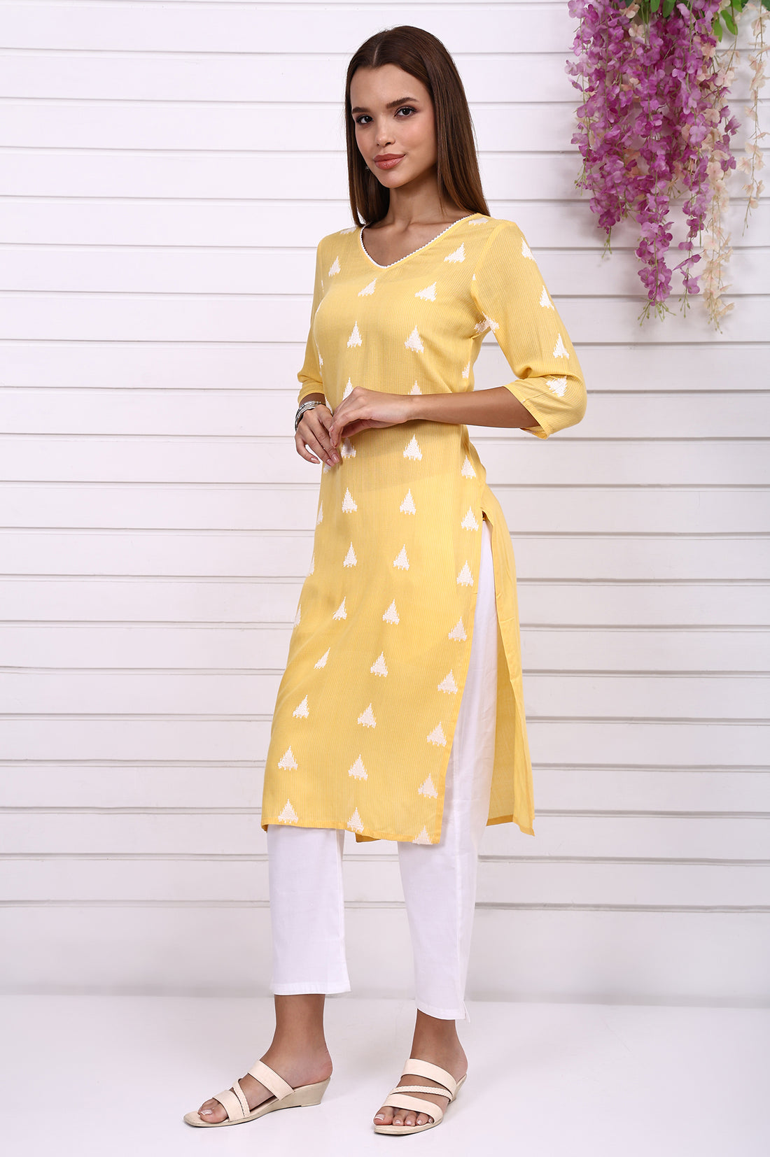 Yellow Printed Yarn Dyed Cotton Rayon Straight Kurta