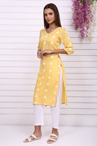 Yellow Printed Yarn Dyed Cotton Rayon Straight Kurta