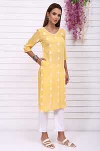 Yellow Printed Yarn Dyed Cotton Rayon Straight Kurta