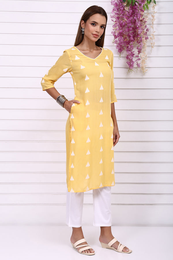 Yellow Printed Yarn Dyed Cotton Rayon Straight Kurta