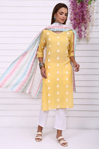 Yellow Printed Yarn Dyed Cotton Rayon Straight Kurta