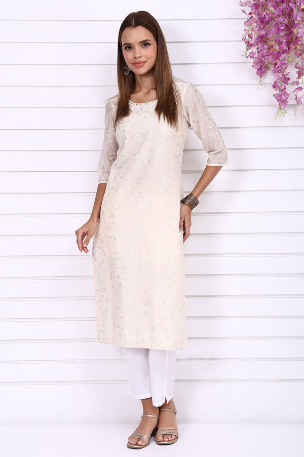 Off-White Foil Printed Hand Work Festive Straight Kurta