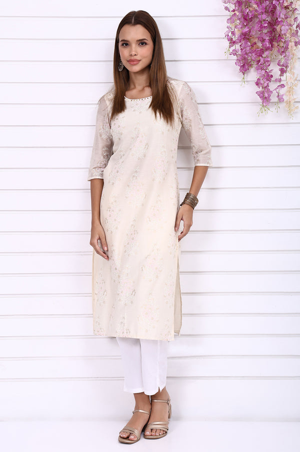 Off-White Foil Printed Hand Work Festive Straight Kurta
