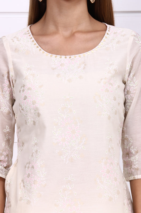 Off-White Foil Printed Hand Work Festive Straight Kurta