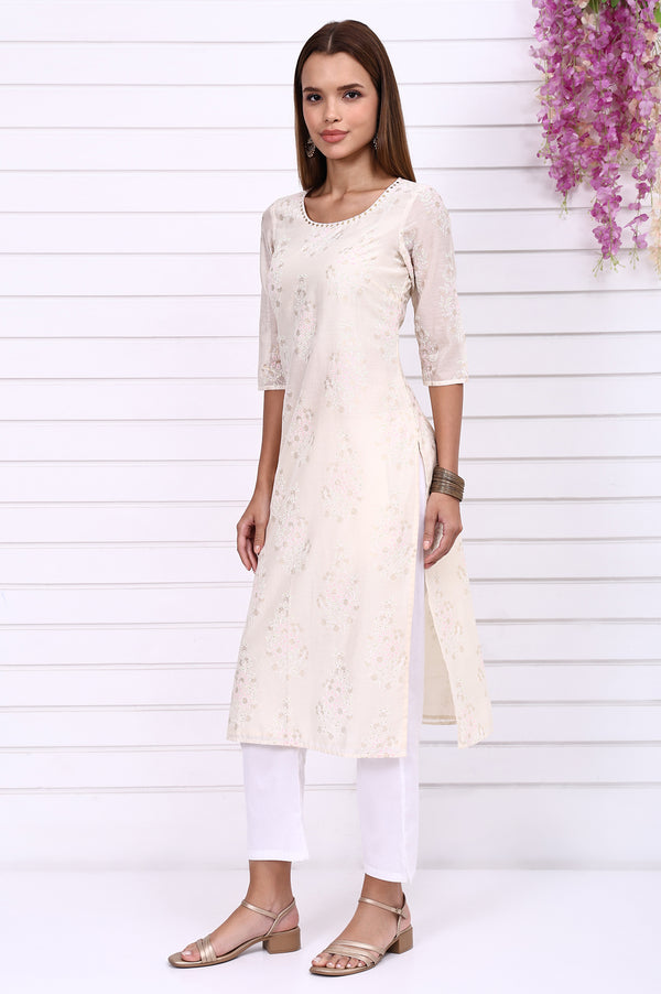Off-White Foil Printed Hand Work Festive Straight Kurta