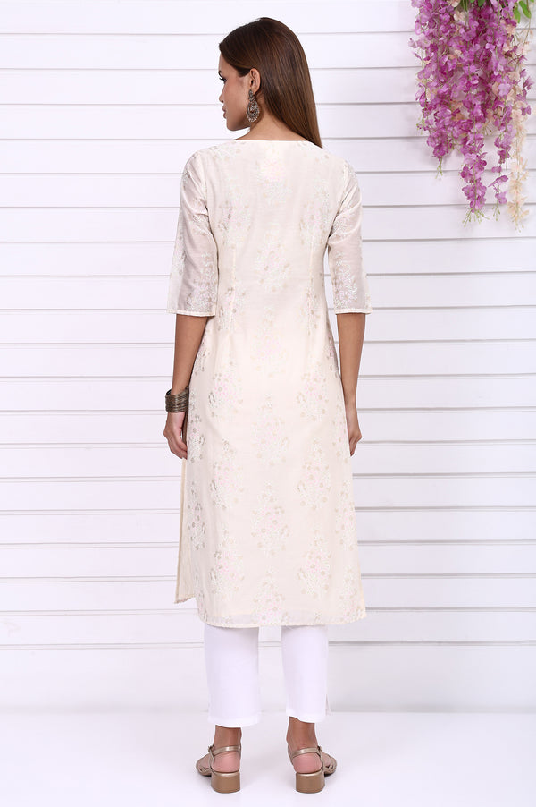 Off-White Foil Printed Hand Work Festive Straight Kurta