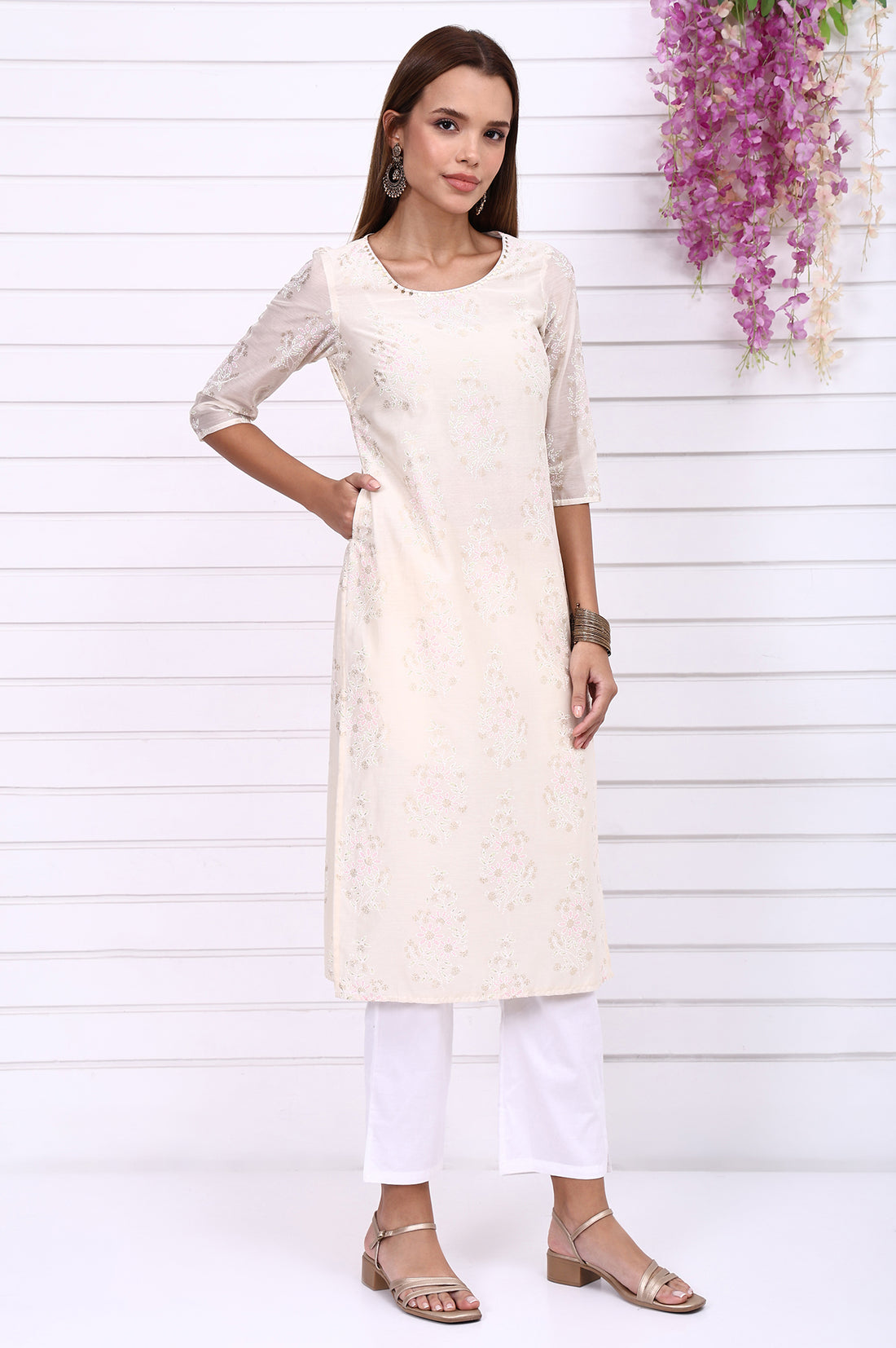 Off-White Foil Printed Hand Work Festive Straight Kurta