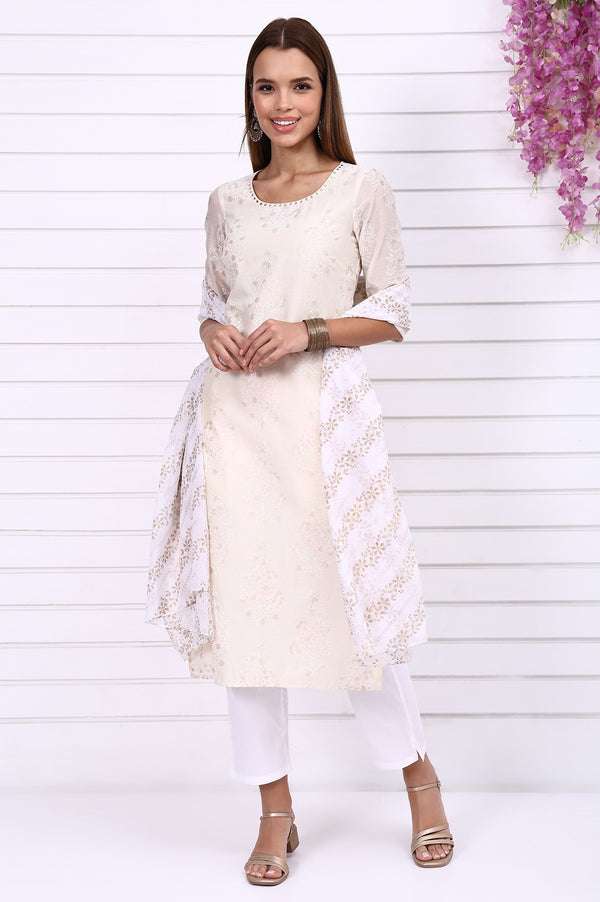 Off-White Foil Printed Hand Work Festive Straight Kurta