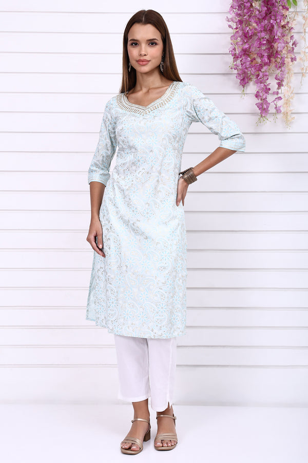 Blue Foil Printed Straight Kurta with Embroidered Neck