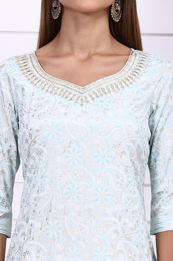 Blue Foil Printed Straight Kurta with Embroidered Neck