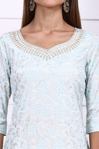 Blue Foil Printed Straight Kurta with Embroidered Neck