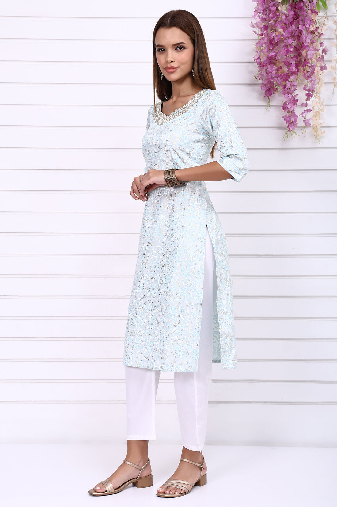 Blue Foil Printed Straight Kurta with Embroidered Neck