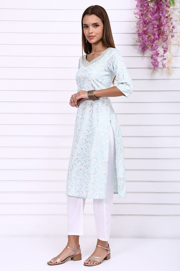 Blue Foil Printed Straight Kurta with Embroidered Neck