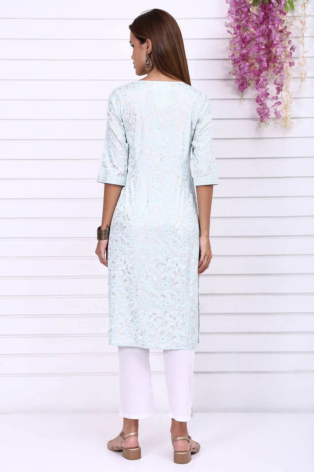 Blue Foil Printed Straight Kurta with Embroidered Neck