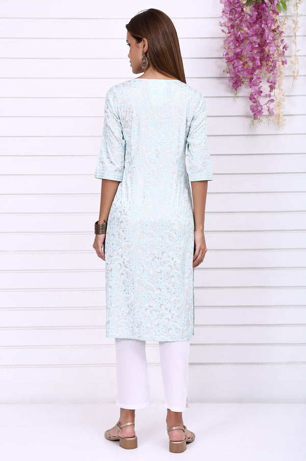 Blue Foil Printed Straight Kurta with Embroidered Neck