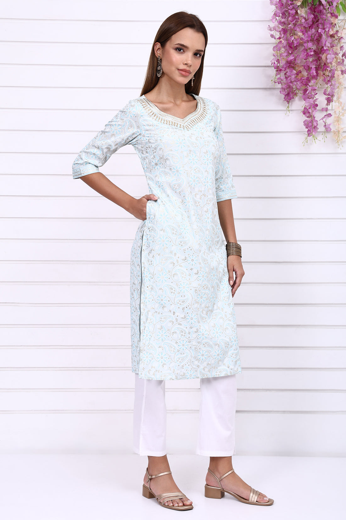 Blue Foil Printed Straight Kurta with Embroidered Neck