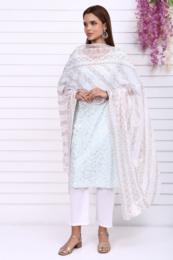 Blue Foil Printed Straight Kurta with Embroidered Neck