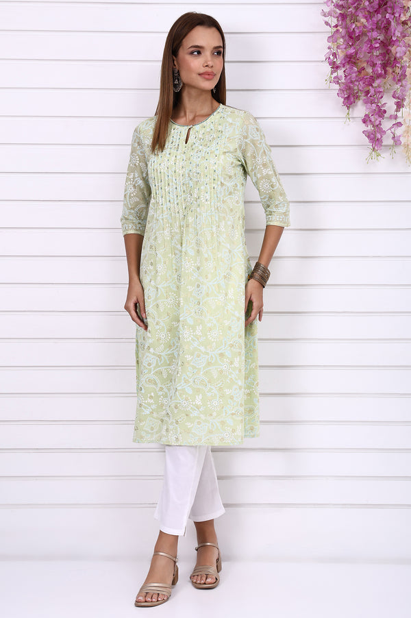 Lime Green Foil Printed Beaded Straight Festive Kurta